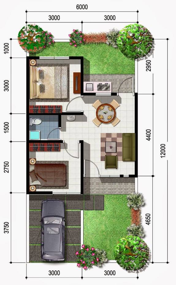 Denah rumah type 36 1 lantai 2 kamar
