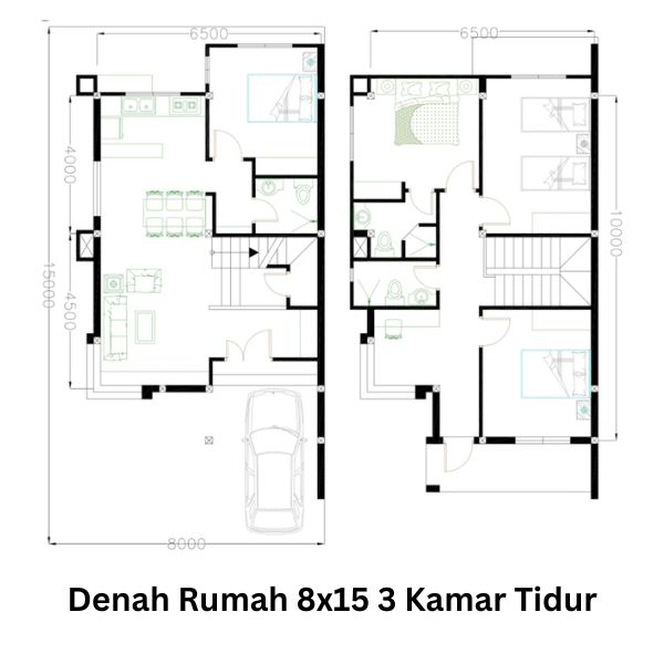 Denah Rumah 8x15 dengan 3 Kamar Tidur
