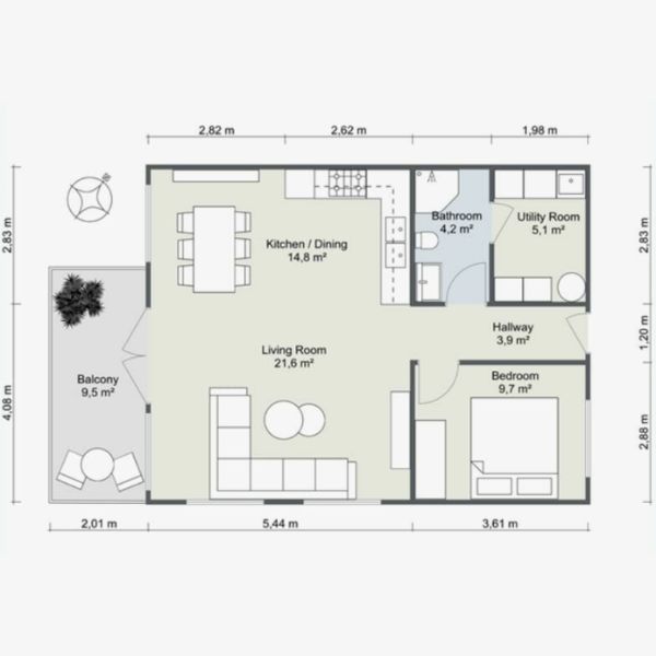 denah rumah 9x7 2 kamar tidur