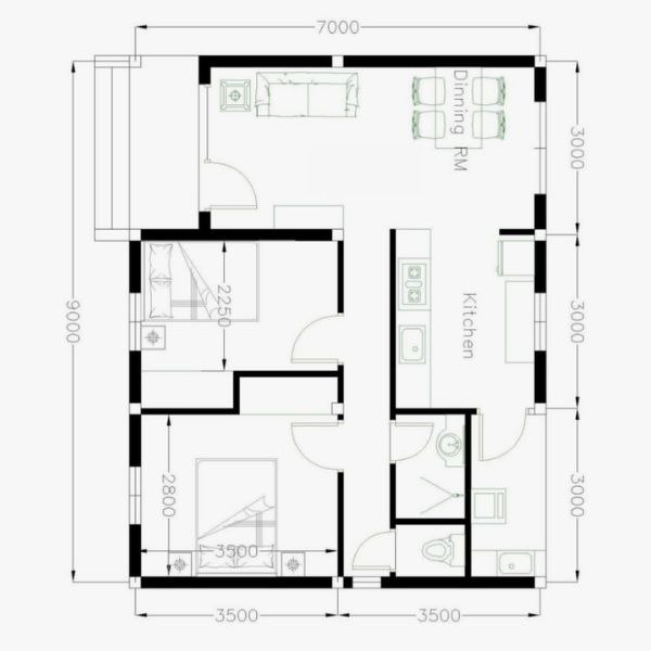 denah rumah 9x7 meter 2 kamar tidur