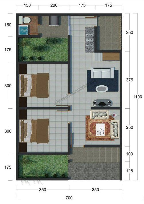 Denah Rumah Minimalis Sederhana 1 Lantai 2 Kamar Tidur