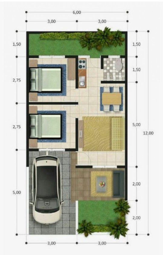 Denah Rumah 6x12 memanjang dengan Taman atau Kolam Kecil