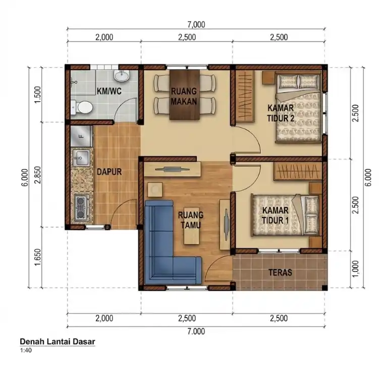 Denah Rumah 7x6 2 Kamar