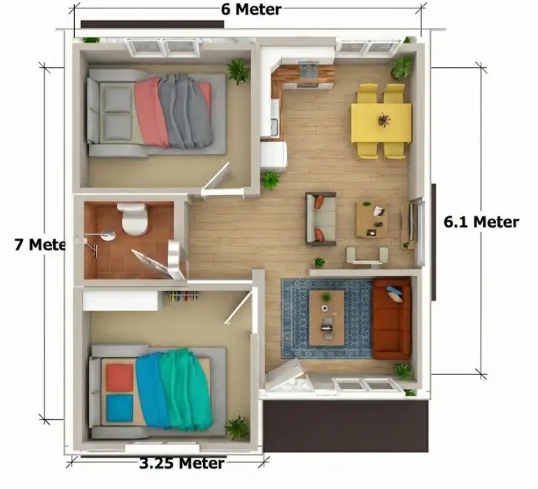 Denah Rumah 7x6 meter 2 Kamar