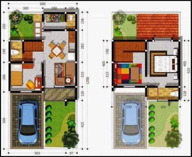 denah rumah 6x12 memanjang 2 lantai
