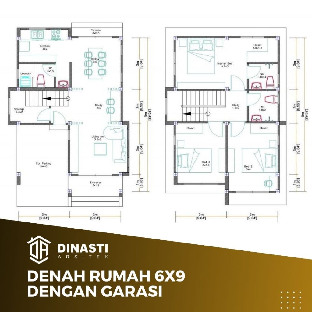 denah rumah 6x9 dengan garasi