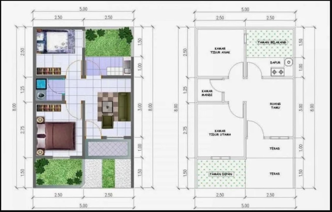 Denah Rumah 5x10 2 kamar tidur