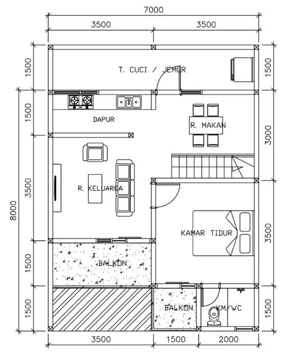 Denah Rumah 7x8 1 Lantai