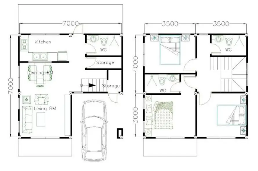 denah rumah kotak minimalis 2 lantai 7x7 meter