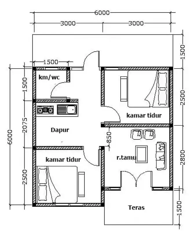 denah rumah kotak minimalis 1 lantai 6x6 meter