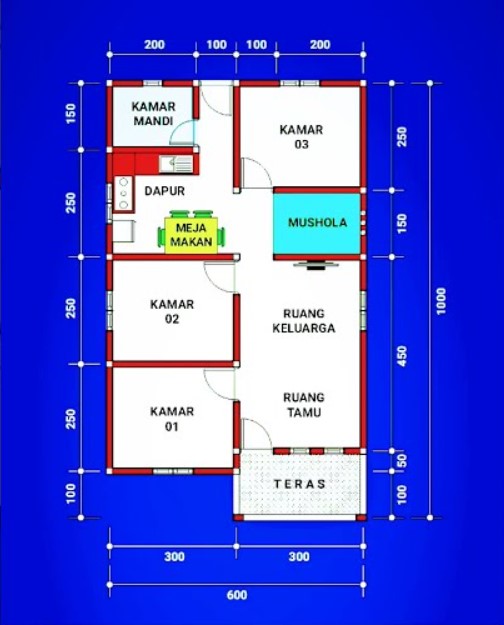 denah rumah 6x10 meter 3 kamar dan musholla