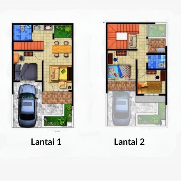 denah rumah 8x8 2 lantai dengan taman luas