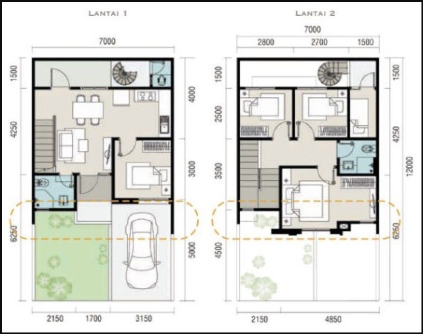 denah rumah ukuran 7x12 kamar 4 2 lantai
