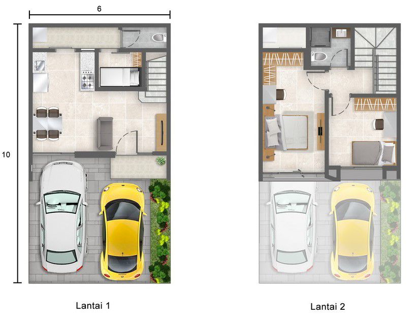 desain denah rumah 6x10 2 lantai garasi luas