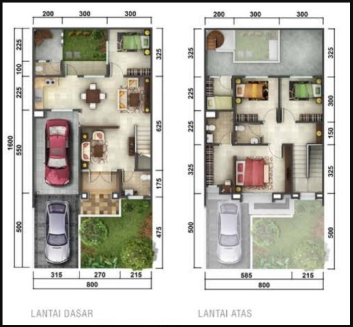 desain denah rumah 8x16 5 kamar tidur 2 lantai