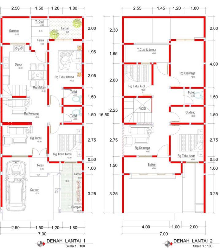 denah rumah type 100 2 lantai