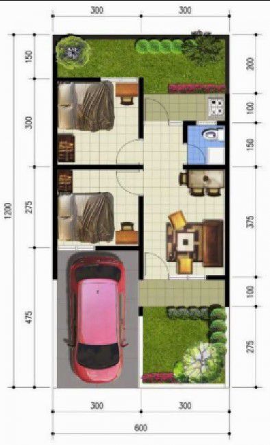 denah rumah 3 kamar teras depan dan samping ukuran 6x12 1 lantai