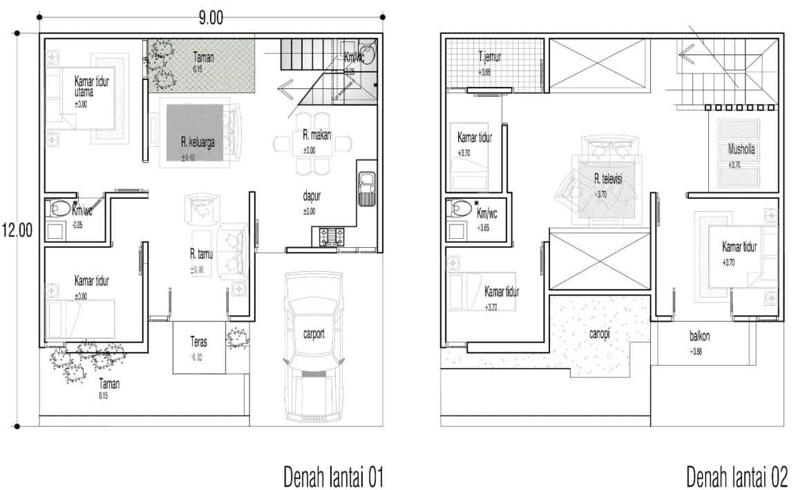 denah rumah 9x12 2 lantai