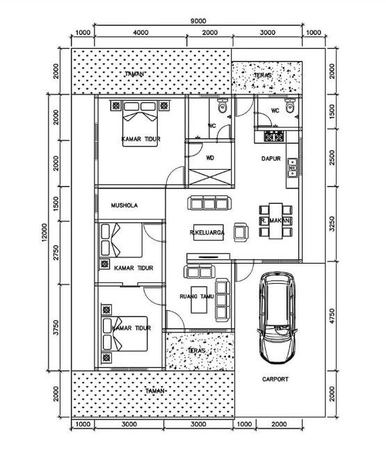 denah rumah 3 kamar teras depan dan samping 9x12 1 mushola