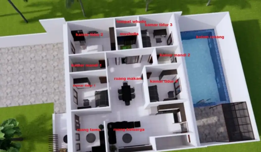 denah rumah 1 lantai 4 kamar 3D