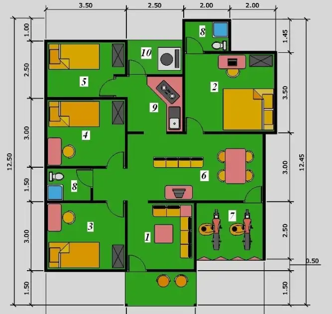 denah rumah 1 lantai 4 kamar tidur