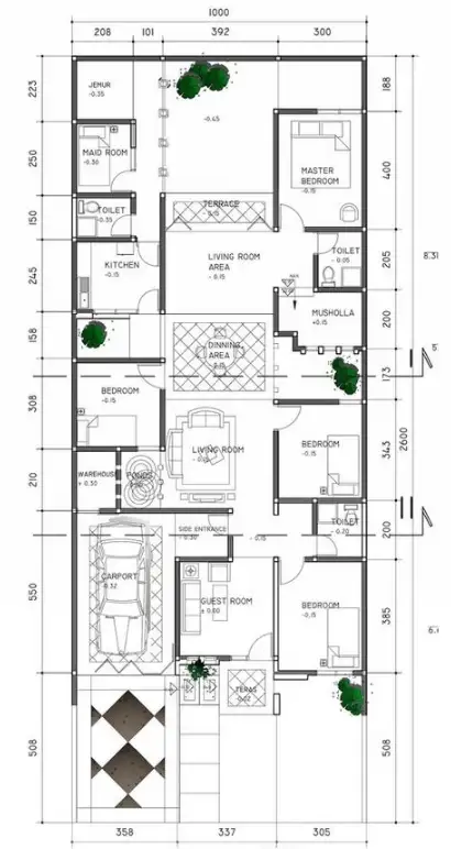 denah rumah 1 lantai 4 kamar