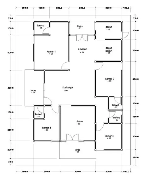 denah rumah 4 kamar tidur satu lantai