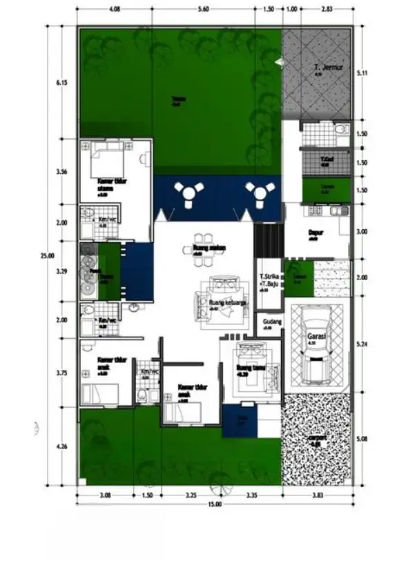 desain denah rumah 4 kamar tidur satu lantai
